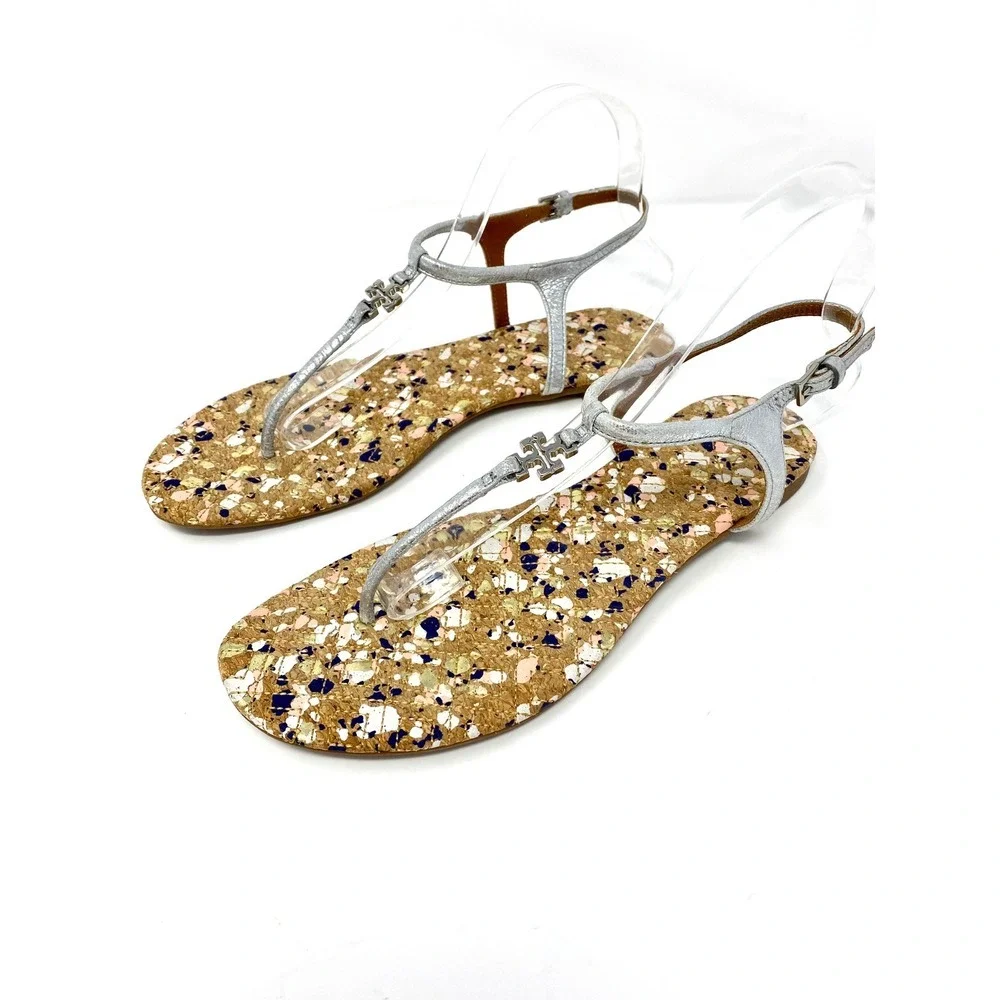 Tory Burch Silver Metallic Leather Cork Splatter Logo Thong Sandals Womens 7.5